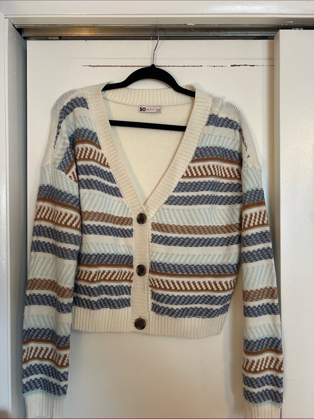 SO Cream Cropped V-Neck Cardigan with Blue & Brown Stripes